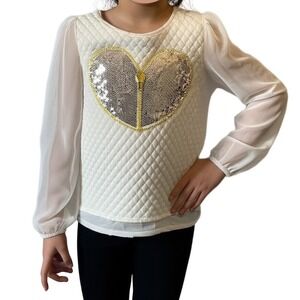 Flapdoodles Girls Small White Quilted Sequin Heart Sheer Blouse Cottagecore
